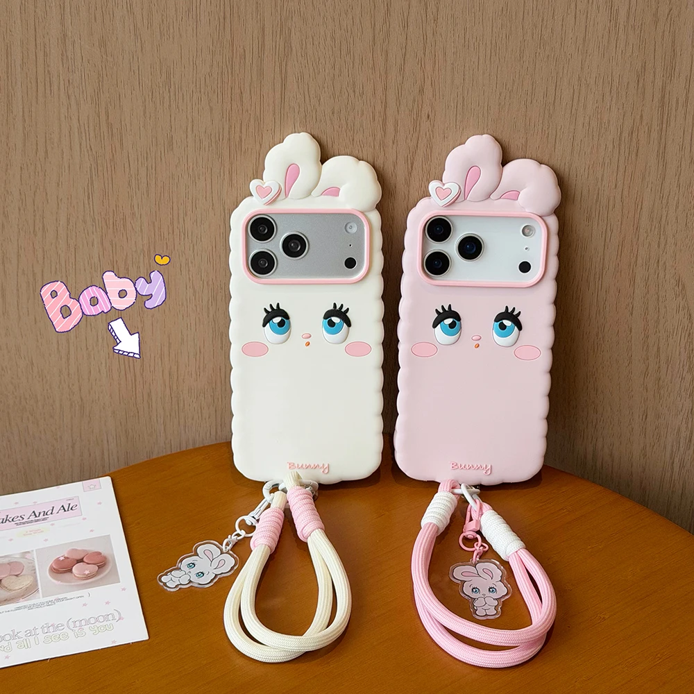Kawaii 3D Cartoon Hasen-Handyhülle aus weichem Silikon für iPhone 16 17 18 Pro Max, niedliche, stoßfeste Rückseite mit Trageband, Fundas – Detail 15