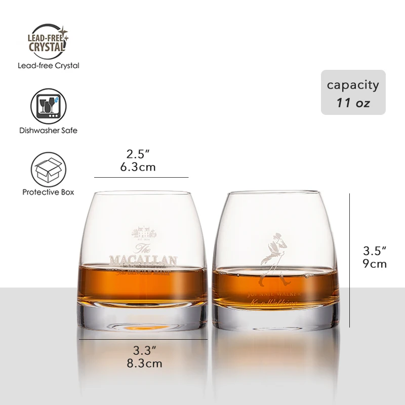 Macallan Whiskey Glasses, Set of 2 - Ice ball-ready! 11oz Glass, Perfect for Scotch, Cocktails, Rum, Vodka. Stylish Barware.