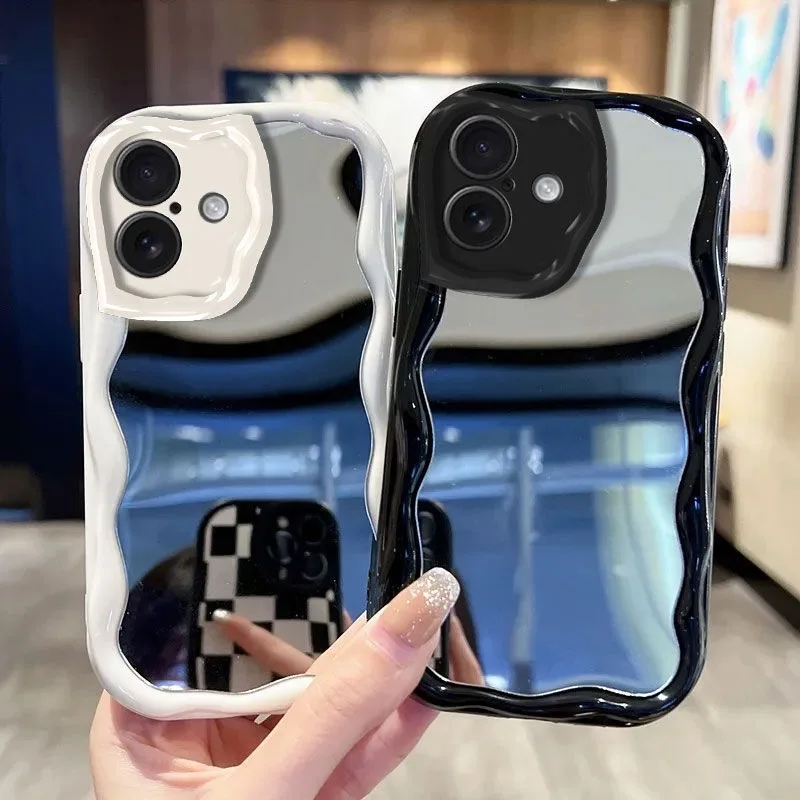 Luxury Make Up Mirror Phone Case For iPhone 17 Air 16 15 12 11 Pro Max Plus 13 Mini 16E Silicone Wavy Edge Cover Accessories