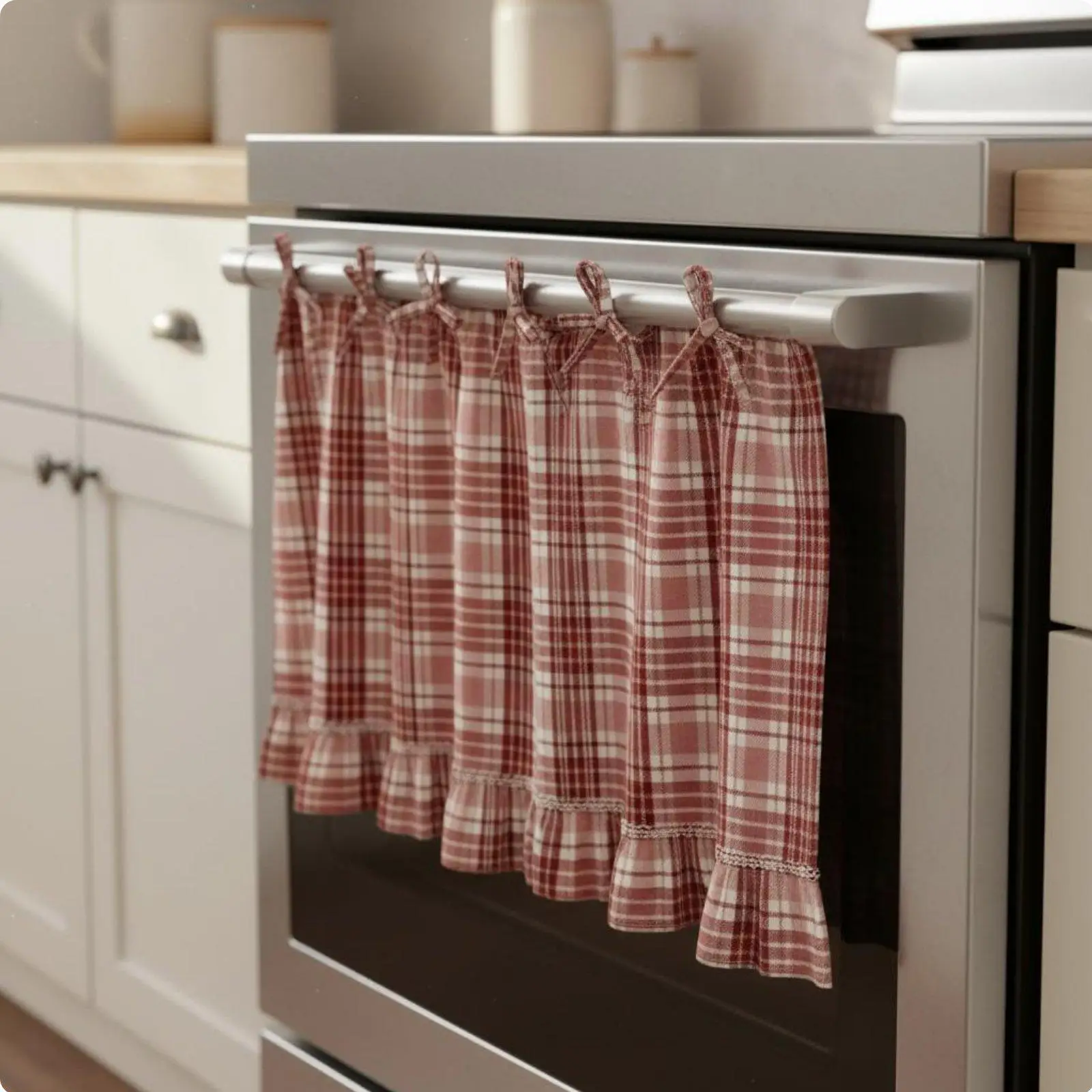 Handmade Farmhouse Oven Skirt Adjustable Tie Up Handle Cover Rustic Cabinet Curtain Kitchen Fabric Handles for Cozy Homes