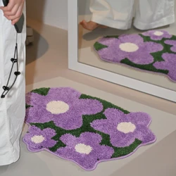 Tufting Floral Bath Mat Soft Fluffy Purple Flowers Bathroom Bedroom Carpet Pad Anti-slip Rug Spring Home Room Decor 48x64cm