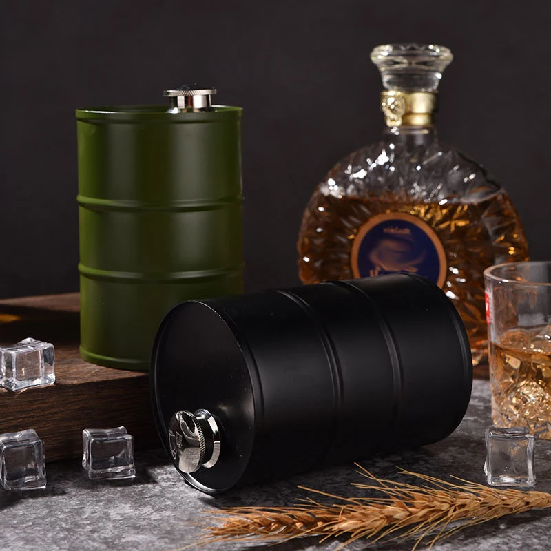 25OZ 750ML Hip Flask Vodka Oil Drum Shape Body 304 Stainless Steel Alcohol Liquor Wine Bottle Whisky Flagon Oil Barrel Jug