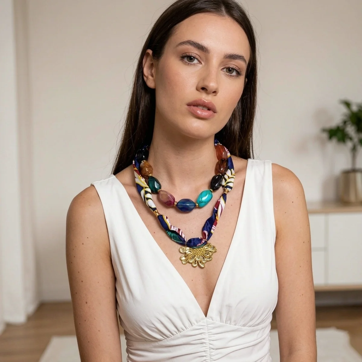 Botanisch bedruckter marineblauer Schal, Edelstahl-Halskette mit geprägten Blumen für Damen, unregelmäßiger Acryl-Perlen-Choker-Schmuck – Detail 7