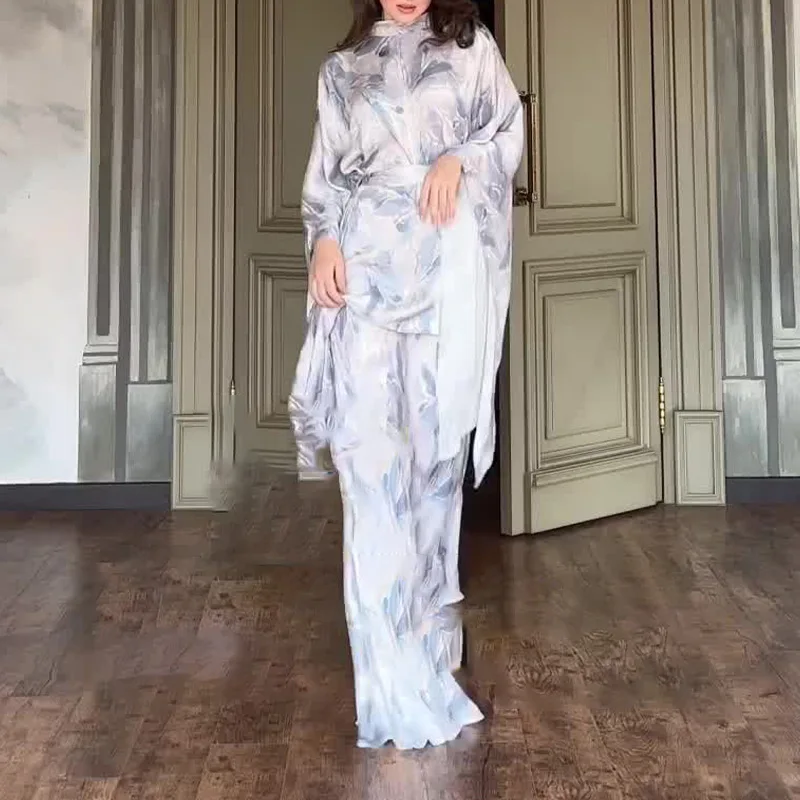 แฟชั่นเอวสูงพิมพ์ชุด Maxi สําหรับผู้หญิงแขนยาว Gowns 2 ชิ้นชุดมุสลิม Casual หลวมดอกไม้ Abayas