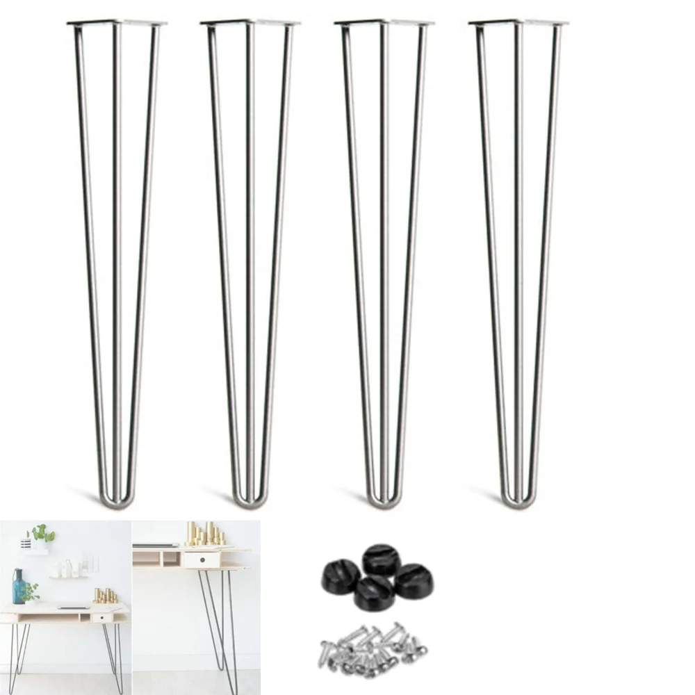 28 inch 71cm Hairpin Legs Raw Steel Unfinished 3 Prong for Dining Table, Desks, Console Table, Side Table for DIY Projects 4PCS