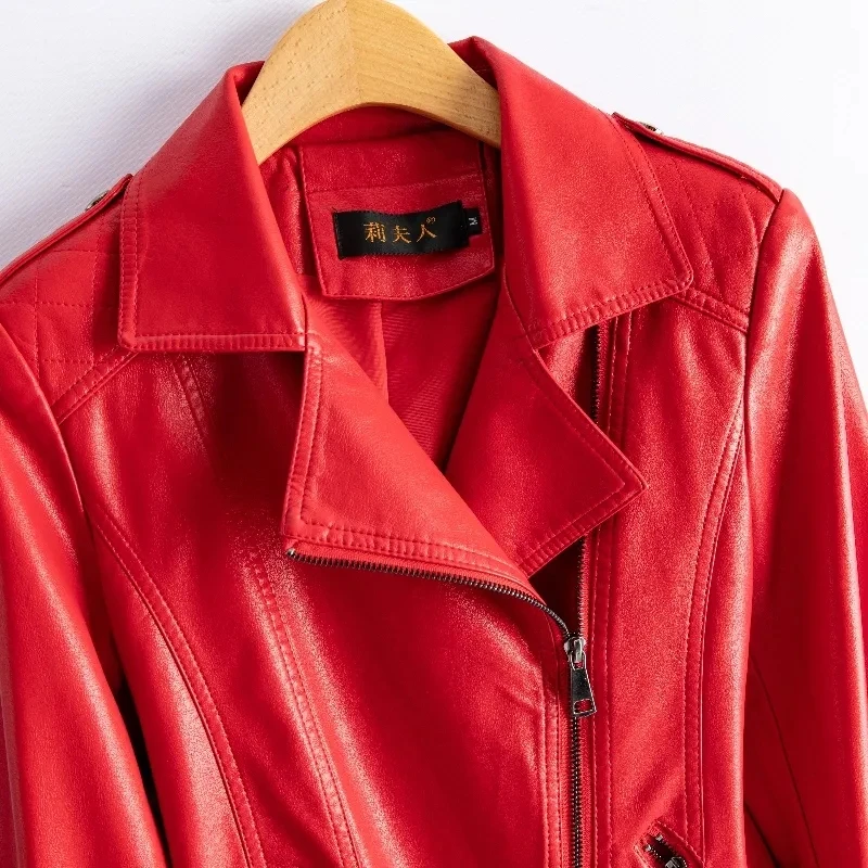 M-6XL Chic vin rouge fendu vestes en peau de mouton mode fermeture éclair femmes à manches courtes Moto Biker vestes décontracté en cuir manteaux