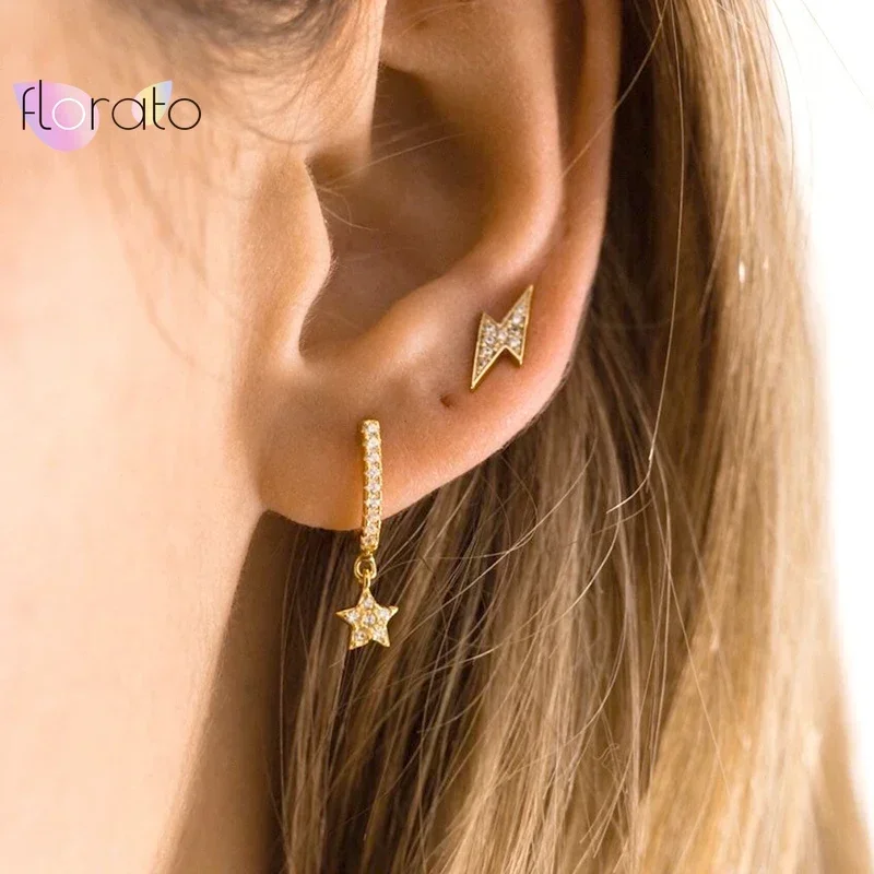 Pendientes con colgante de estrella y luna de cinco puntas, pendientes de aro de aguja de Plata de Ley 925 para mujer, joyería de fiesta de moda con