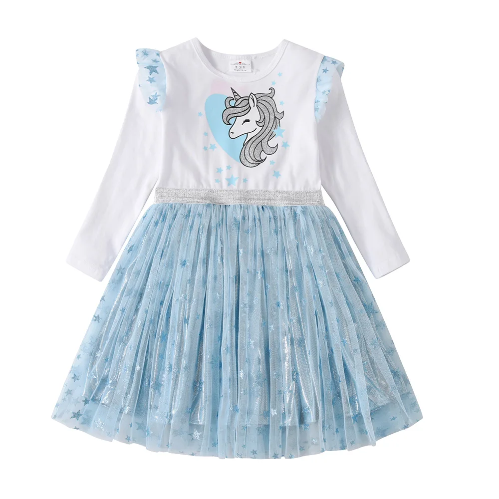 

VIKITA 2025 New Kids Blue Princess Dress Girls Licorne Star Print Long Sleeve Spring Autumn Dresses Children Costumes Clothes 3Y