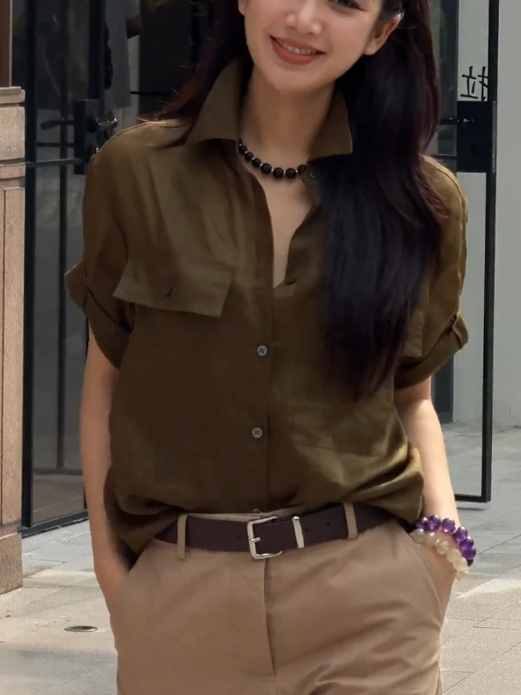 

Korean Sle Casual Single Button ort Sve irt Faionable mat Retro Summer Top Women's Silk Blend Blouse