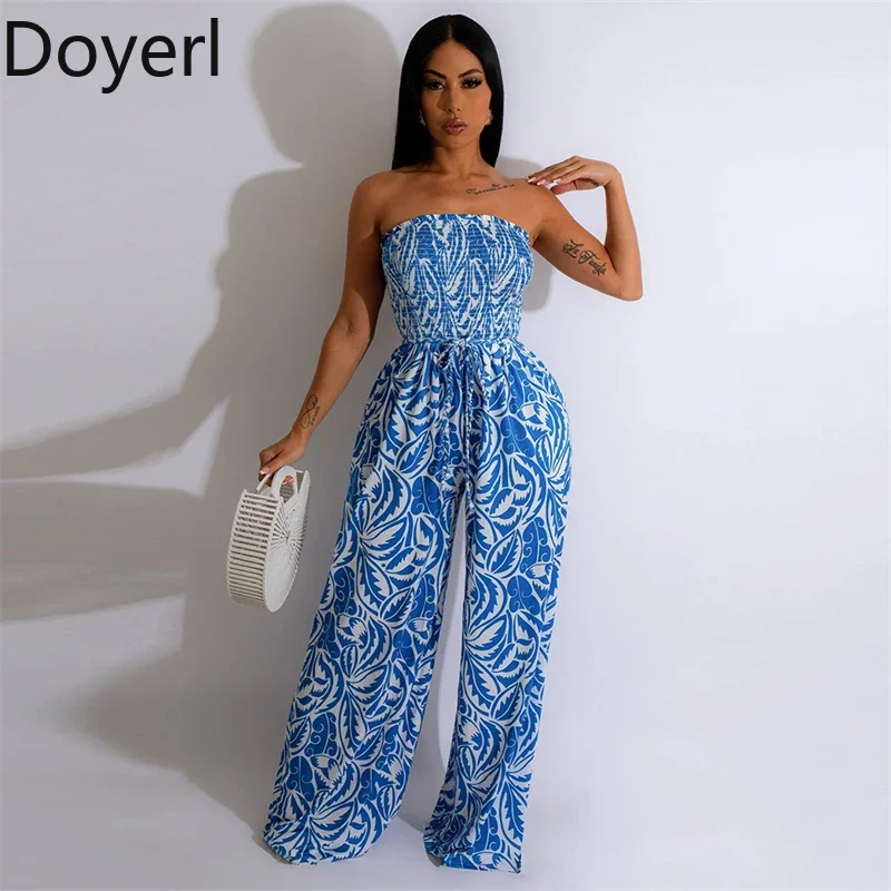 

Doyerl Off Shoulder Strapless Overalls Jumpsuit Women Sleeveless High Waist Print Wide Leg Romper Holiday One Piece Club Outfits