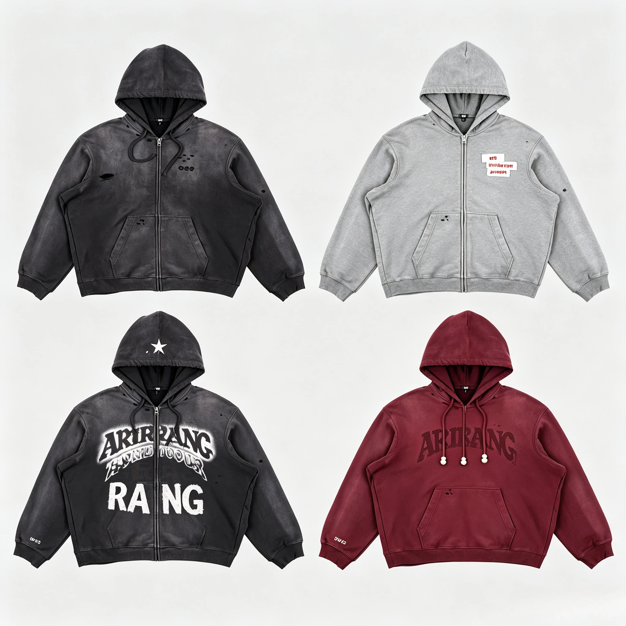 Image of Lässige Streetwear-Jacke für Damen und Herren, Modische Kleidung ARIRANG Bestickter Zip-Up-Hoodie, Vintage-Washed Schwarzer Offener Cardigan