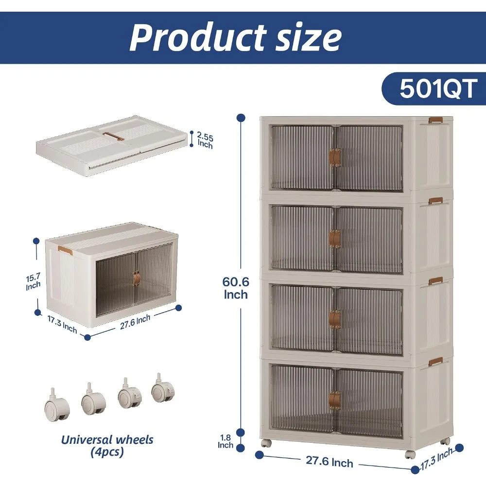 SAILUN Stackable Storage Bins with Lid, 501QT 4Pack Beige, Large Collapsible Organizer