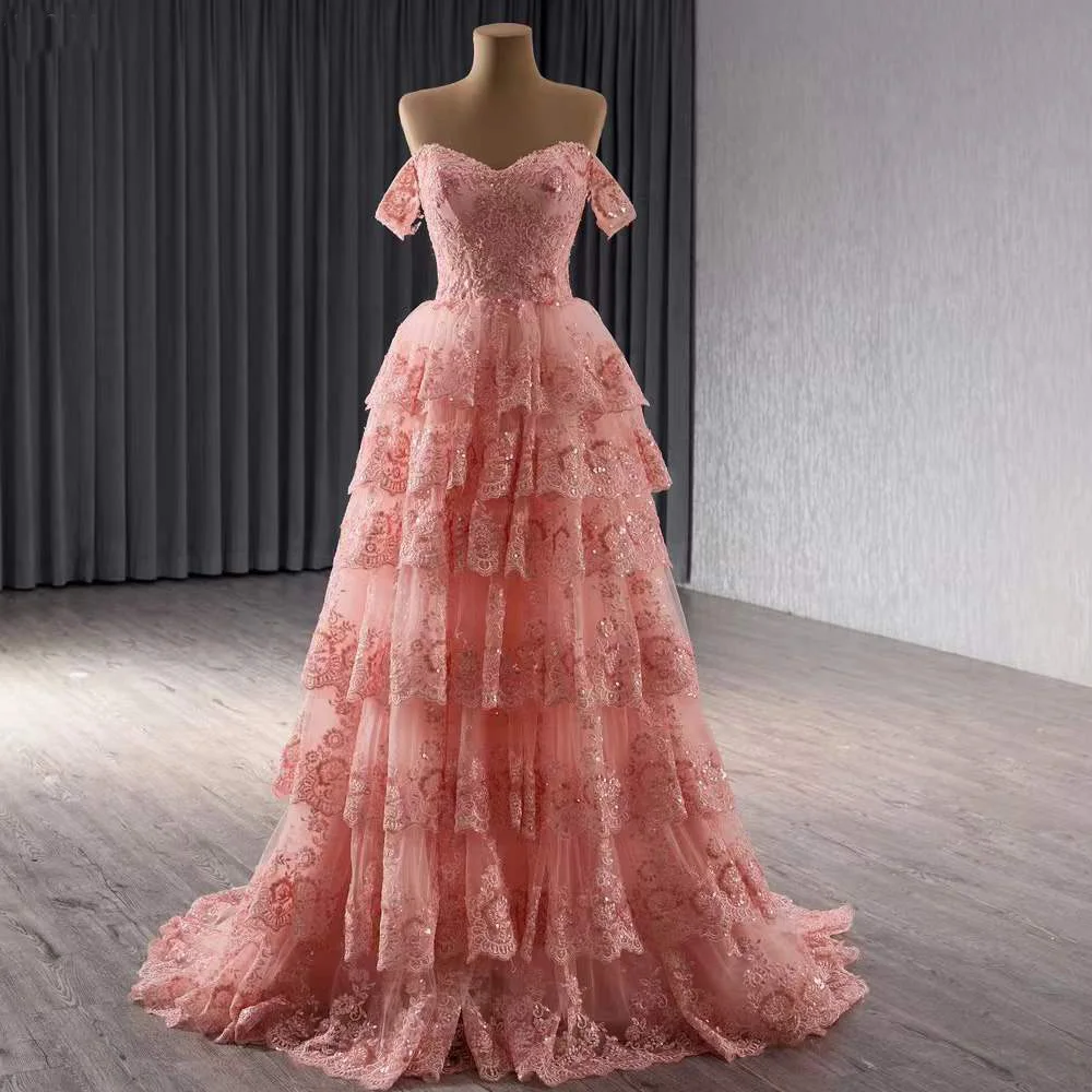 Robe De Soirée Femme Abiti da sera rosa Sweetheart con spalle scoperte Lace Up Back Paillettes Ricamo a strati Abito da ballo donna 2025