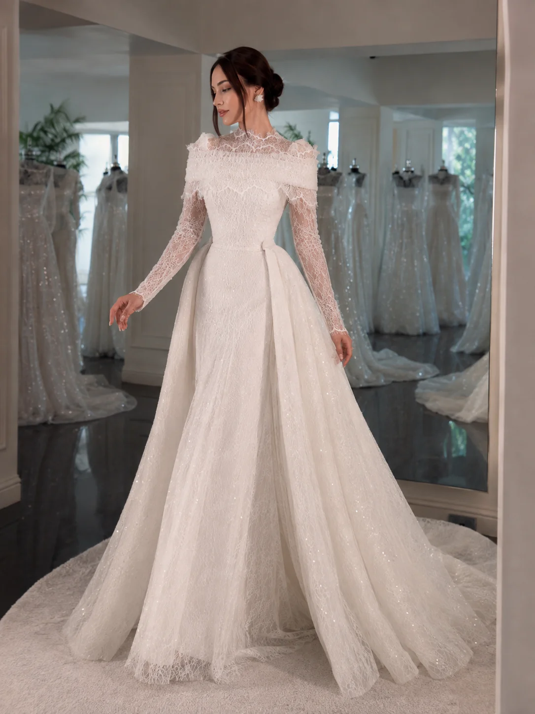 LumiGown High Neck Off The Shoulder Ballgown Wedding Dress Long Lace Sleeves Glitter Tulle Detachable Overskirt Custom Color