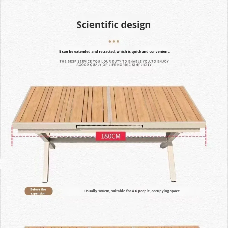 Modern outdoor solid wood aluminum frame expandable dining table and chair set with patio and garden