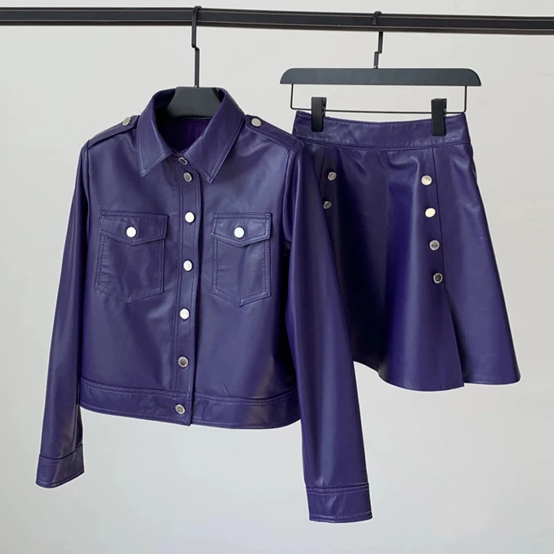 100% vestiti in vera pelle moda giacca da motociclista con bottoni corti top e gonne corte a vita alta elastiche set di pelle di pecora femminile