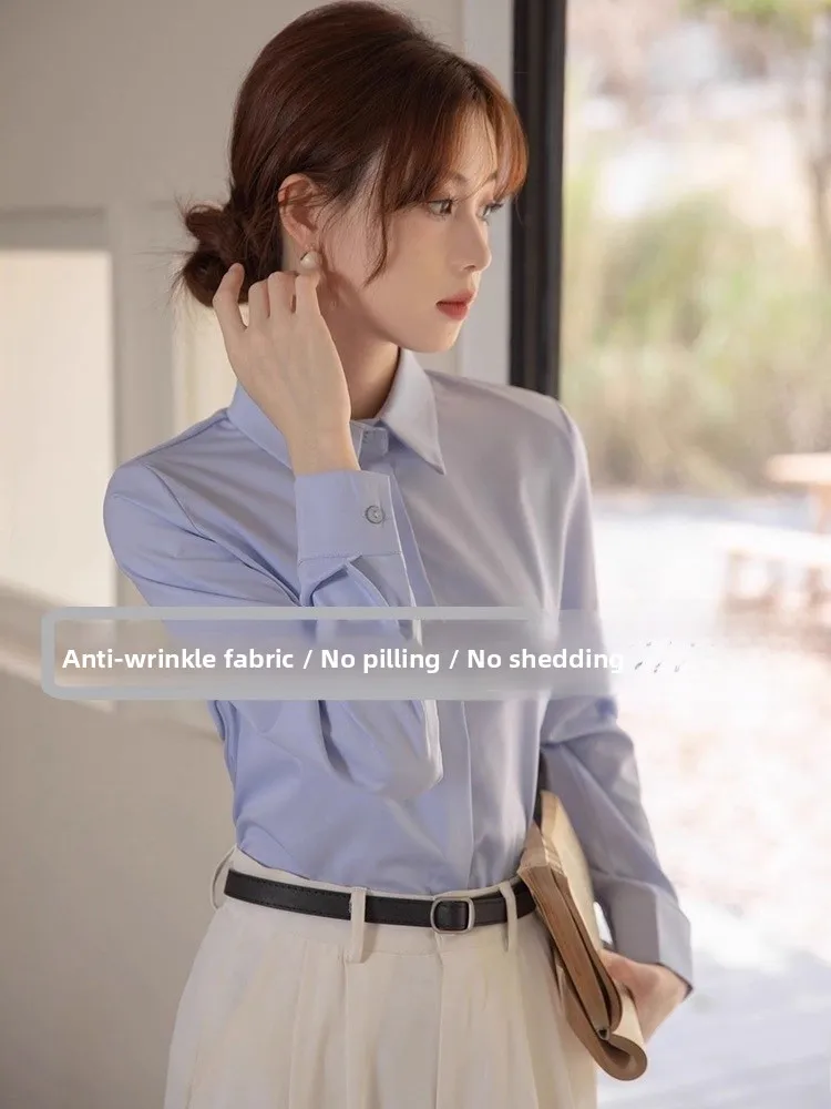 가을 겨울 티엔드 블루 여성용 롱 셔츠 전문가용 주름 방지 K 버튼 기본 셔츠 출퇴근 작업복