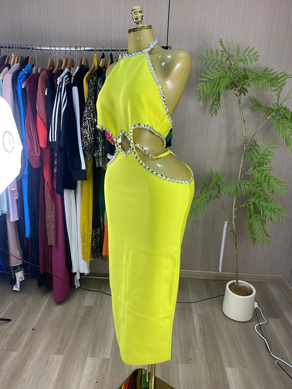 Lemon-yellow halter-neck maxi dress featuring a cut-out, midriff-baring design and crisscross silver rhinestones.-GZXX1205