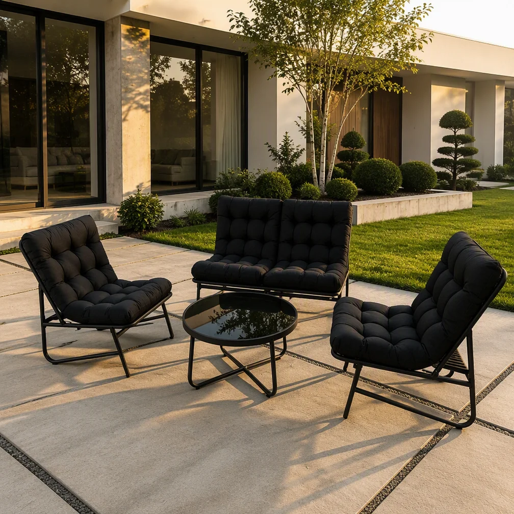 Matte Black Modern Outdoor Sofa Set With 2 Lounge Chairs Tufted Cushions Black Frame Table For Poolside