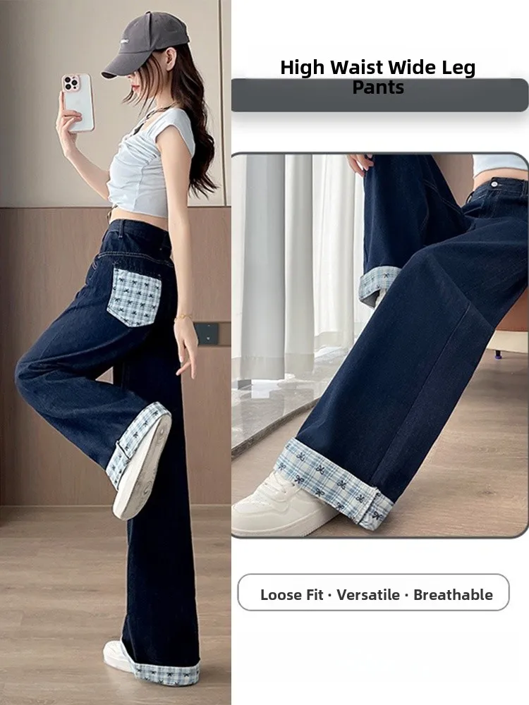 

American Style Thickened Fleece Wide Leg Jeans Women's Winter plus Size Slimming Straight Floor-Length Pants Casual Wear