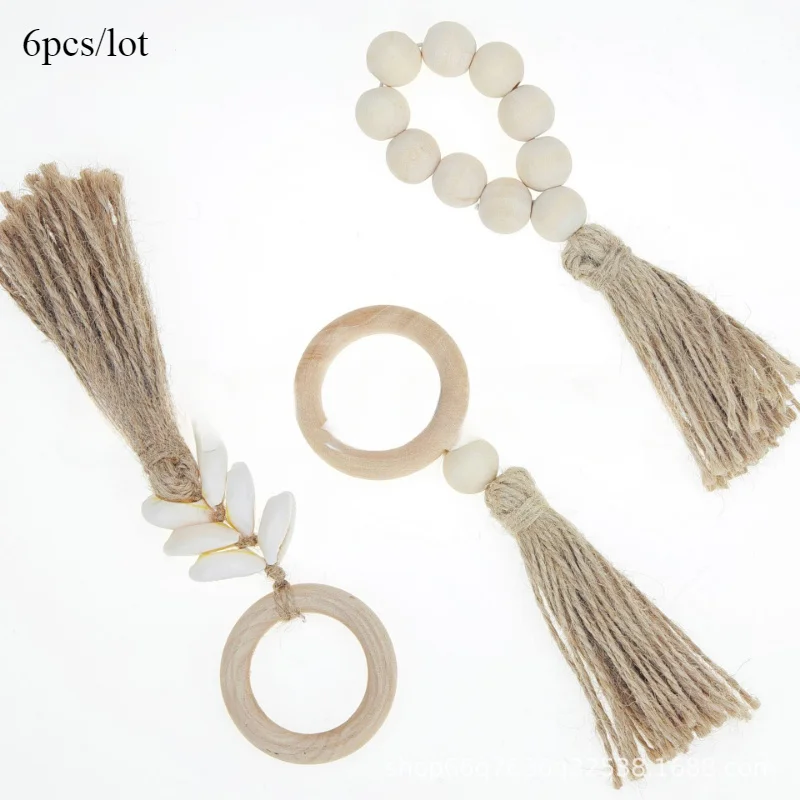 6pcs/lot Nordic Ins Style Hemp Rope, Natural Wood Color, Wood Bead Tassel String, Napkin Clasp, Hand Woven Napkin Ring