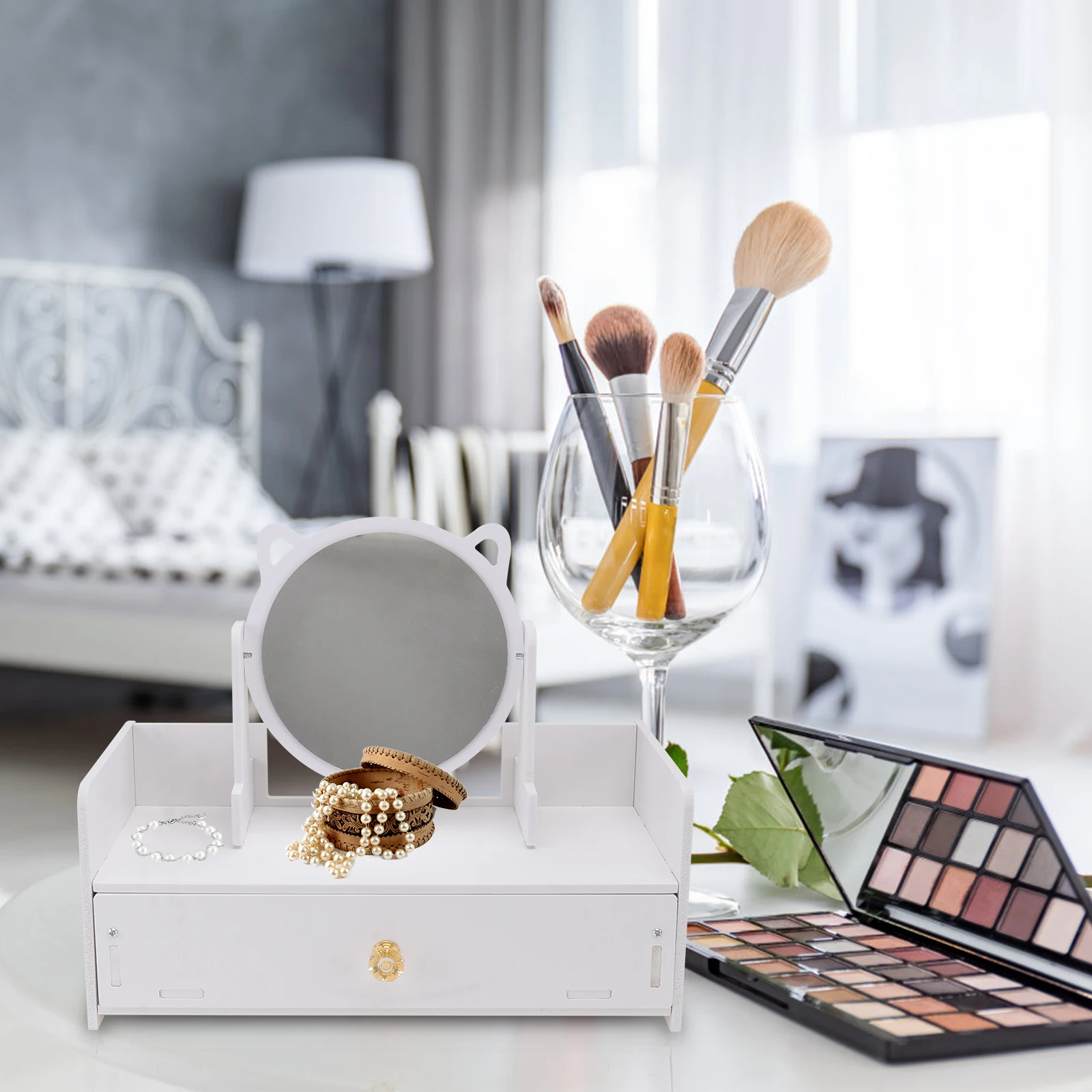 

Mirror Makeup Storage Box Vanity Organization Brush Desktop White Travel