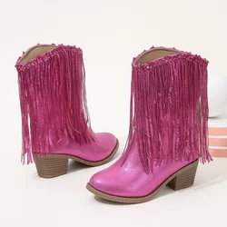 Children Boots Versatile Tassels Pink Elegant 2024 New Performance Girls Boots Low Heels Shiny Solid Color Britain Princess Boot