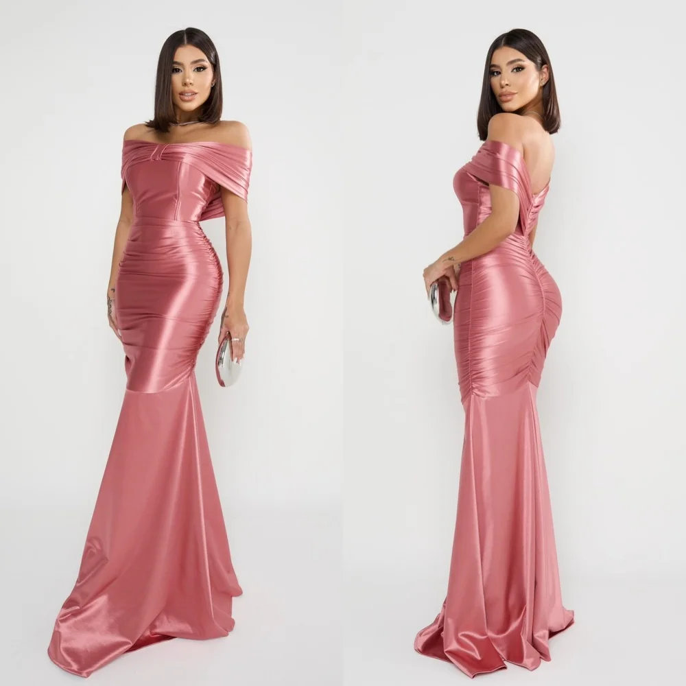 

Customized Satin Draped Pleat Ruched Valentine's Day Mermaid Off-the-shoulder Bespoke Occasion Gown Saudi Arabia