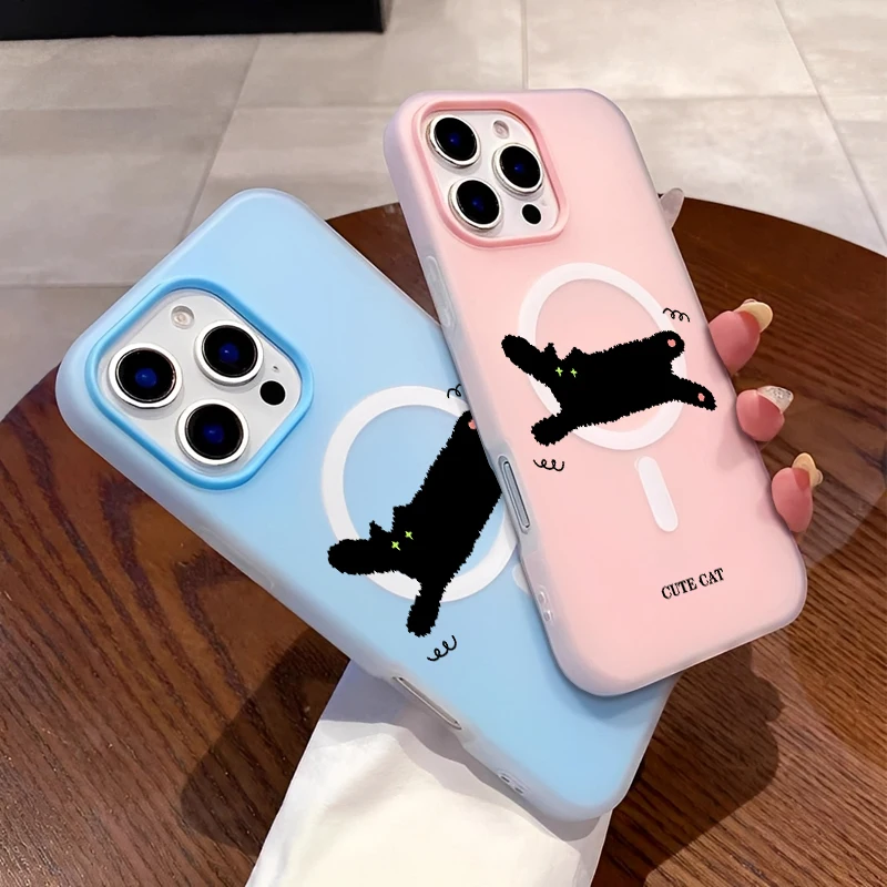 

Magnet Fashion Simple Cute Trend Black Cat Phone Case For IPhone 16 15 14 13 12 11 ProMax Silcone Phone Shockproof Case Cover