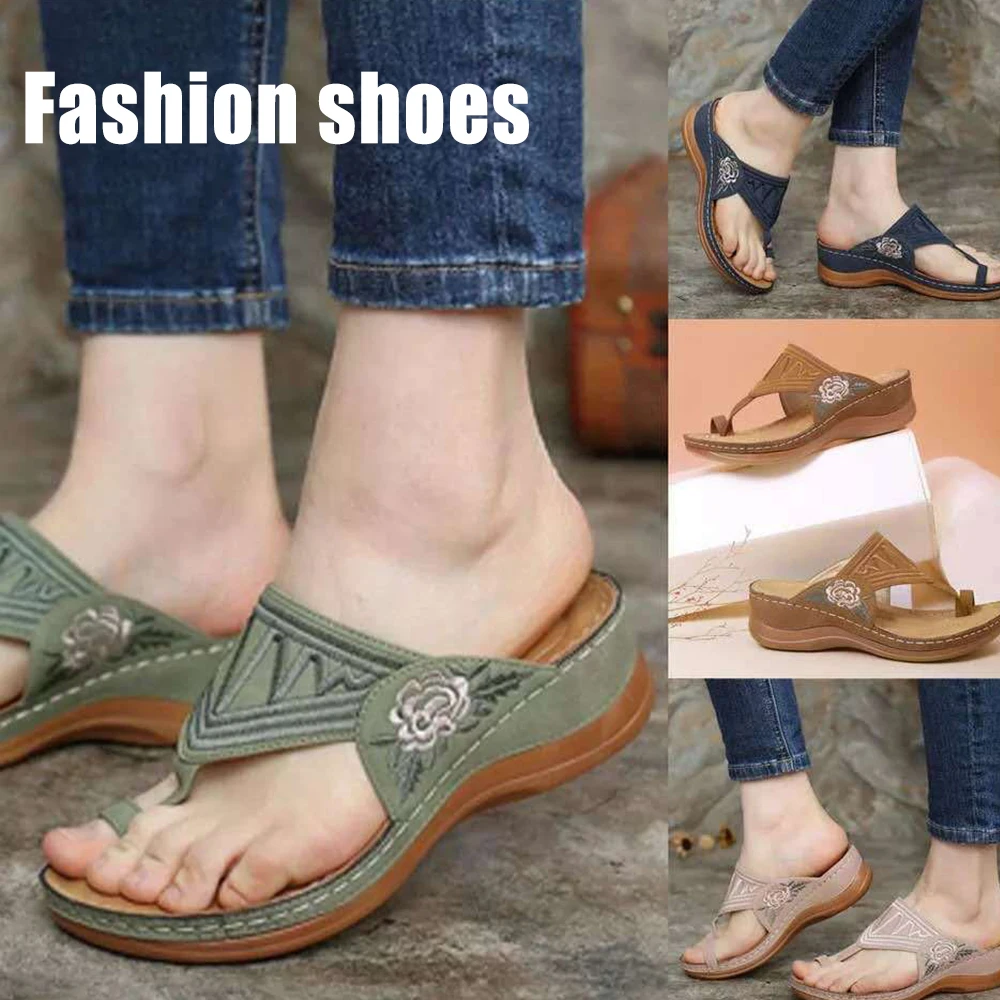 Summer Ladies' Embroidered Flip-Flops Light Casual Shoes Fashion Women's Floral Slipsole Slippers Sandals