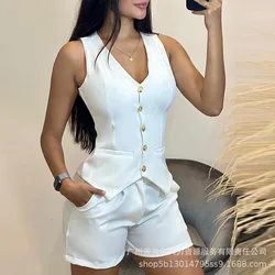 White Sleeveless Slim-fit Vest Shorts Set for Women
