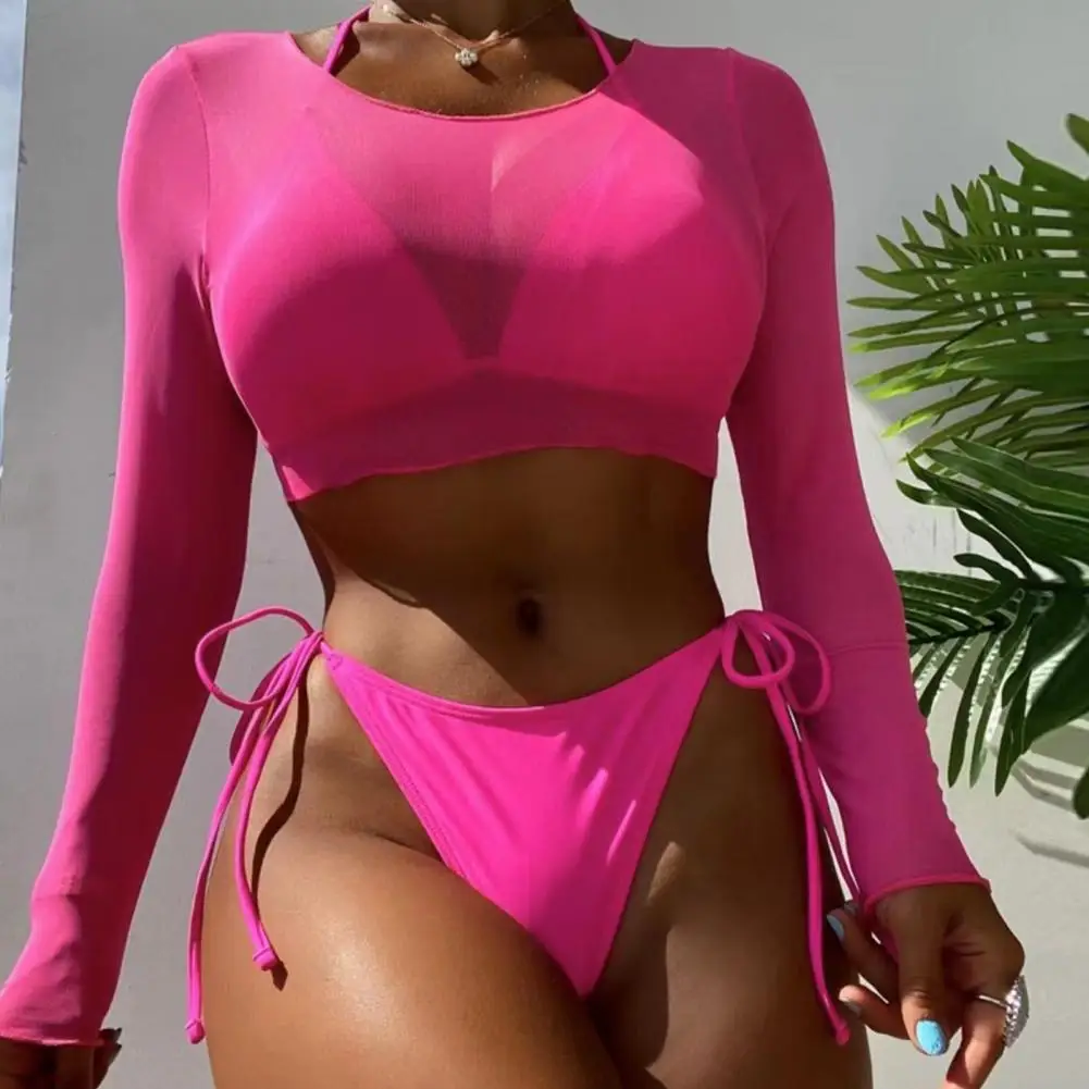 3Pcs/Set Women Swimsuit Set Padded Halter Bra High Waist Lace-up Briefs Solid Color Cropped Cover-up Bikini Set For Summer