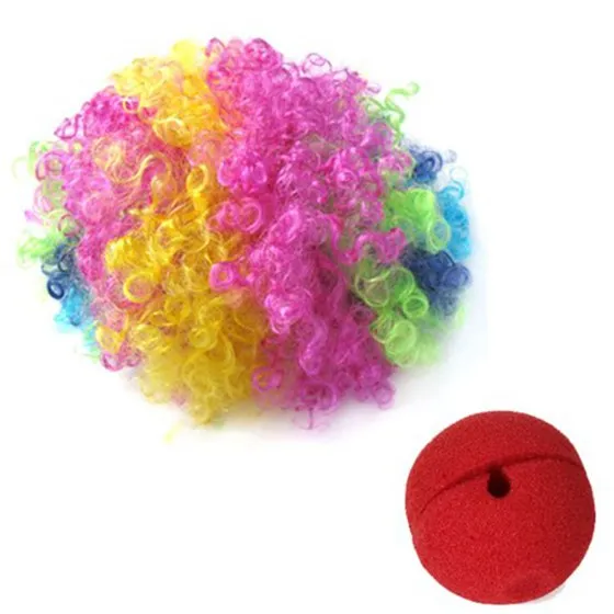 Red Foam Clown Nose + Multi-colored Clown Wig for Masquerade Cosplay fancy dress.