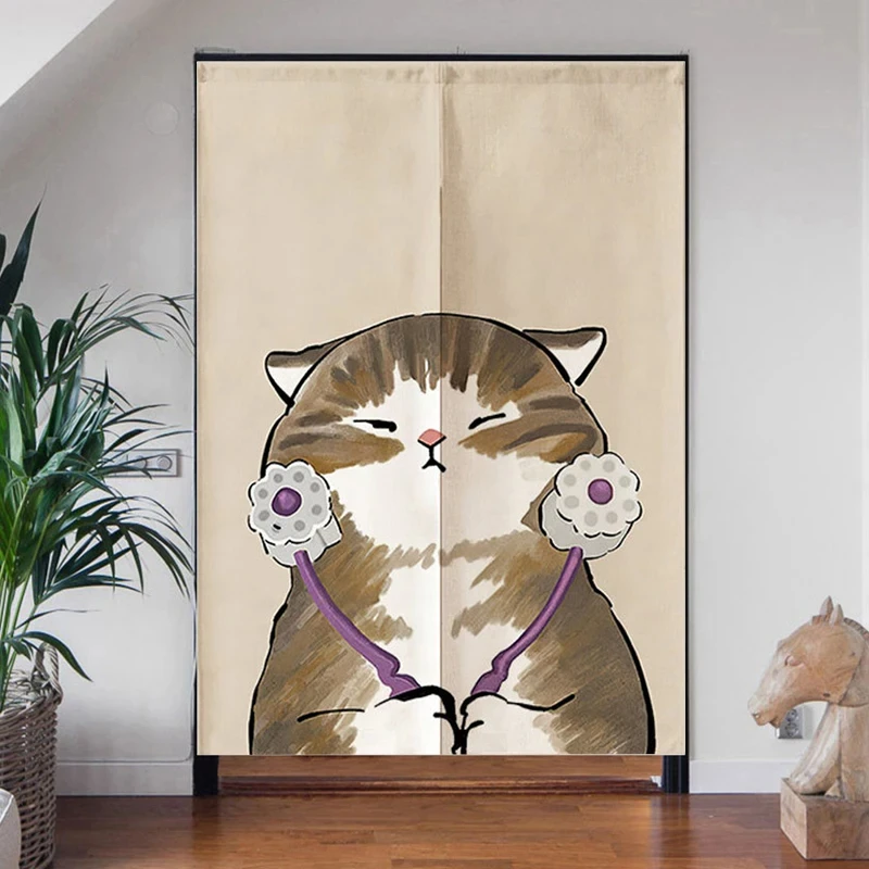 Cat Printed Japanese Door Curtain Living Room Bedroom Partition Cute Animal Curtains Drape Kitchen Entrance Hanging Half-Curtain