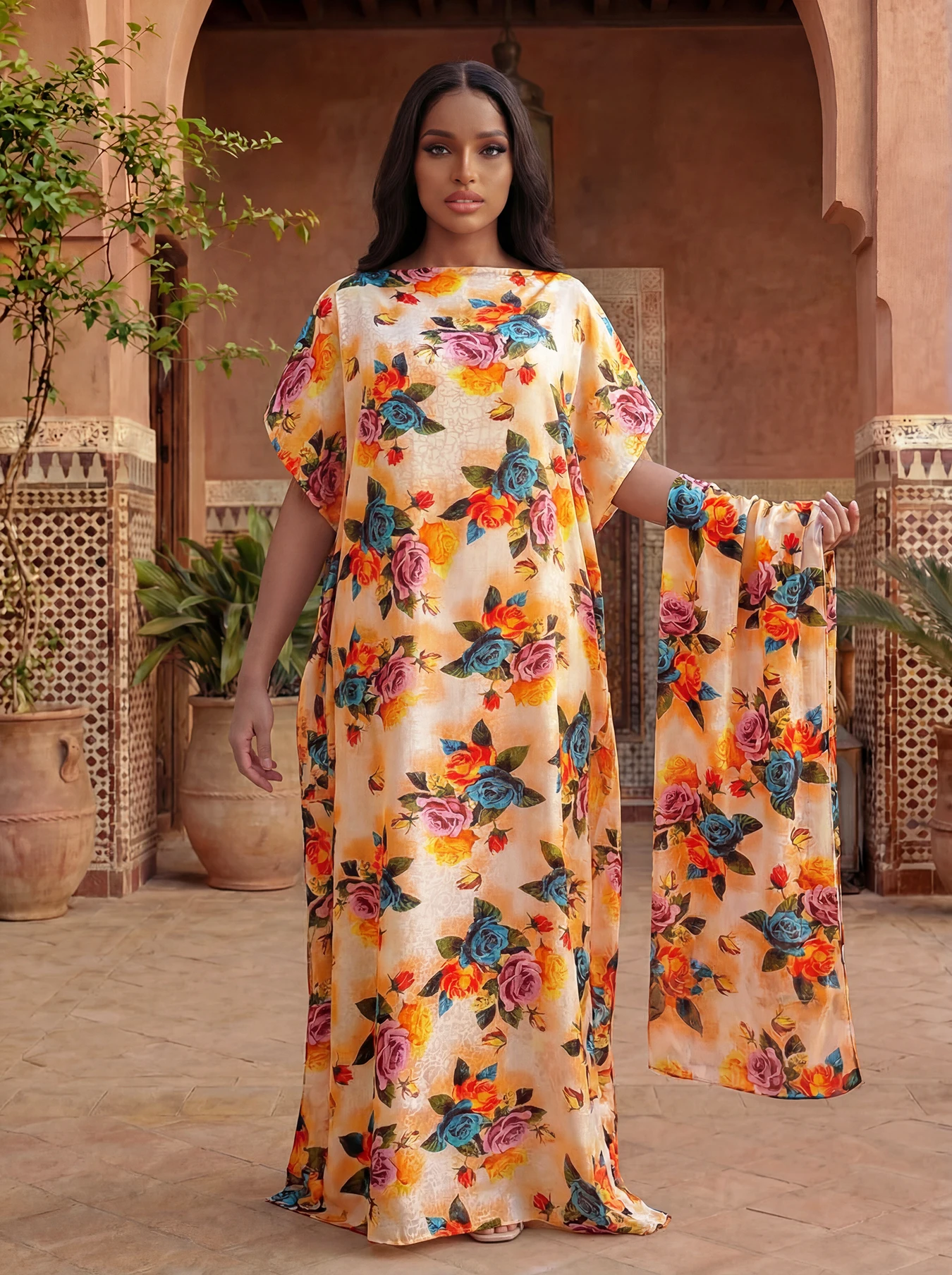 Women's Long Shawl Dubai Fashion Print Design Silk Soft Summer Beach Party Dress Accessory Loose Fit African Abaya MOOMOO view 4