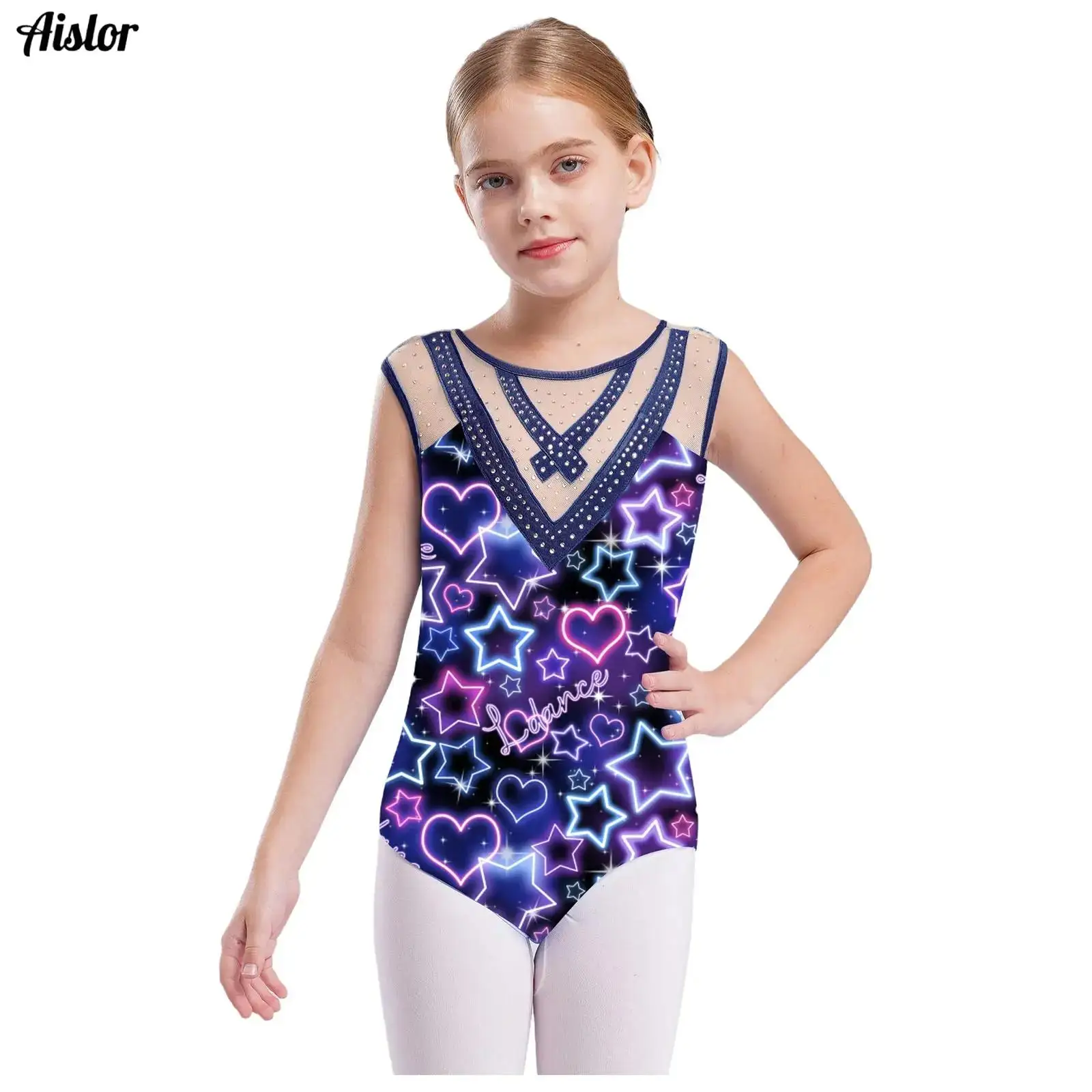 

Kids Girls Ballet Dance Costume Printed Sleeveless Sheer Mesh Patchwork Shiny Rhinestones Bodysuit Swimwear Gymnastics Leotard