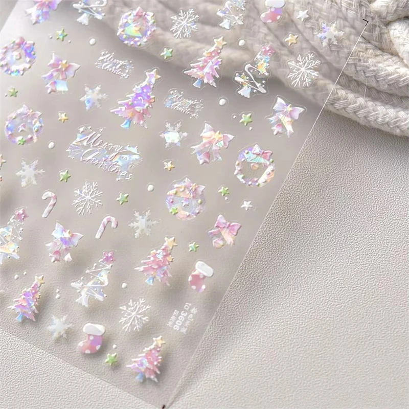 PinkSnowflake Christmas Tree Nail Art Stickers Cute Snowflake Stars Self-Adhesive Nail Art Stickers 5D Embossed Nail Art Sticker