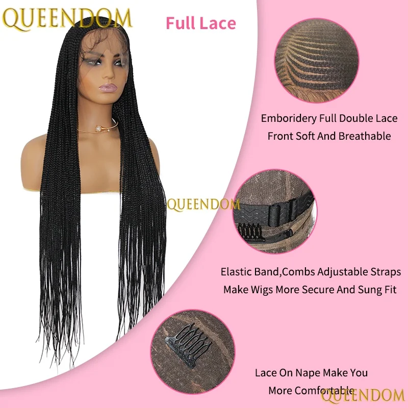 Wig Kepang Kotak Tanpa Simpul 36'' Sintetis, Wig Full Lace HD dengan Belahan Samping untuk Wanita Kulit Hitam, Kepang Cornrow Pirang