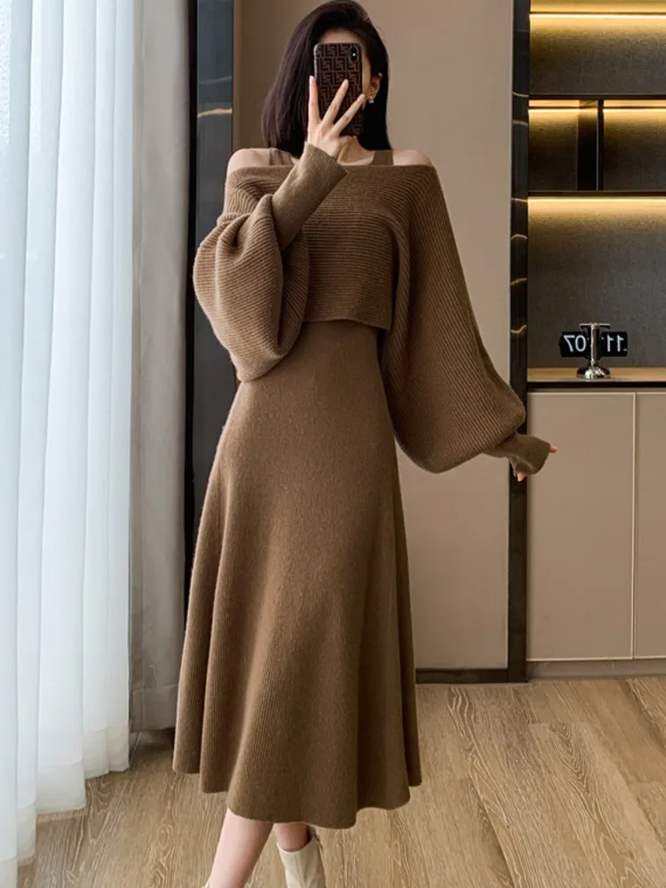 2024 new autumn winter Knit Dress 2 piece sets women outfit Short Sweater pullover Slim Tank Maxi Vestidos conjuntos femininos