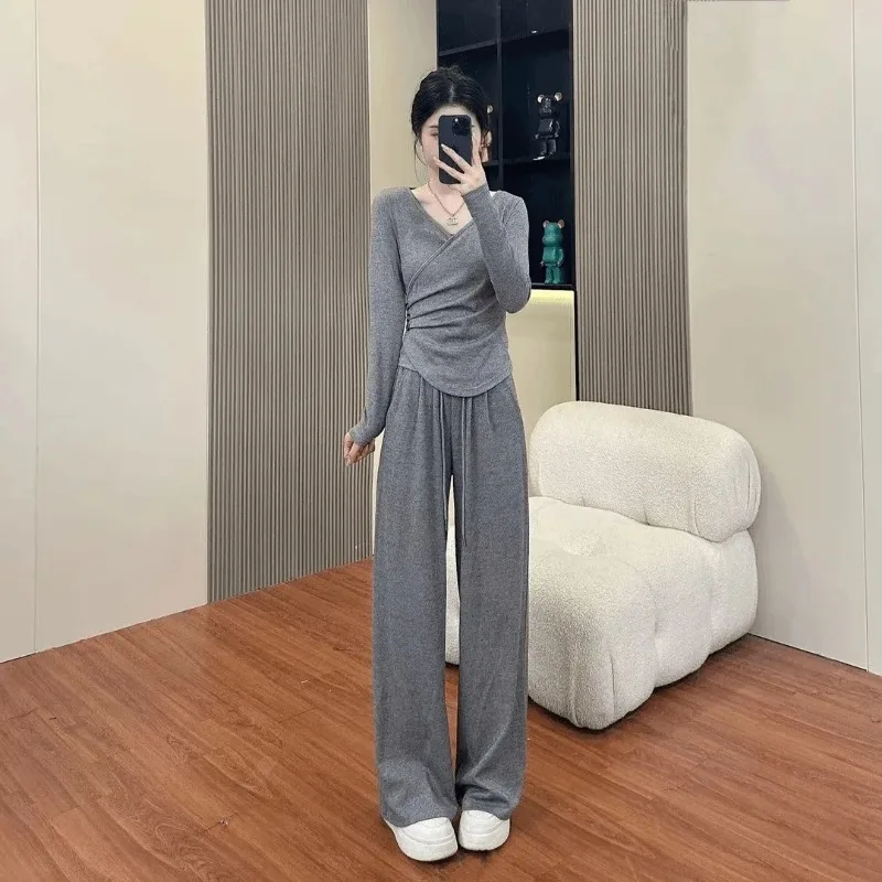 

Fashion Long-sleeved Casual Suit Autumn Winter New Slimming Top High-waisted Wide-leg Pants Two-piece Set