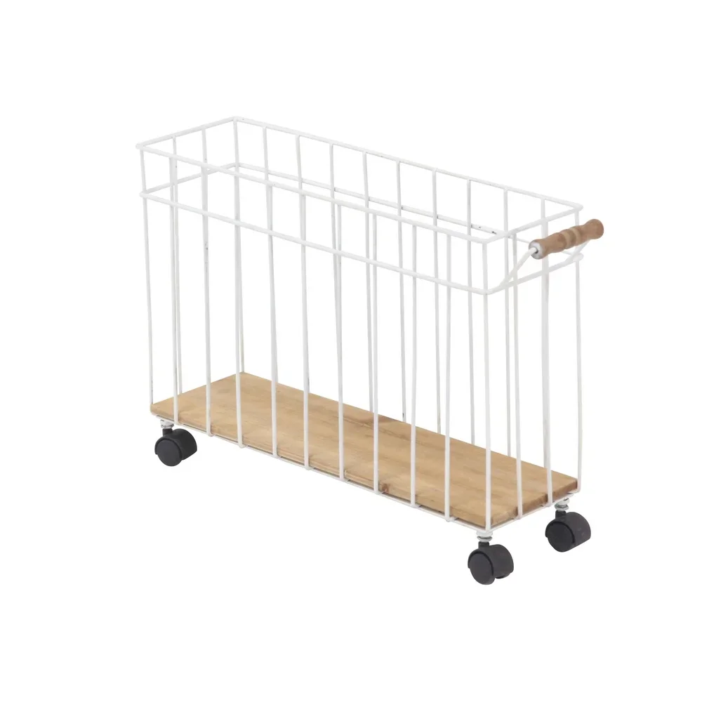 Rustic Wood Metal Magazine Holder with Caster Wheels Portable Storage Basket Home Office Organizing