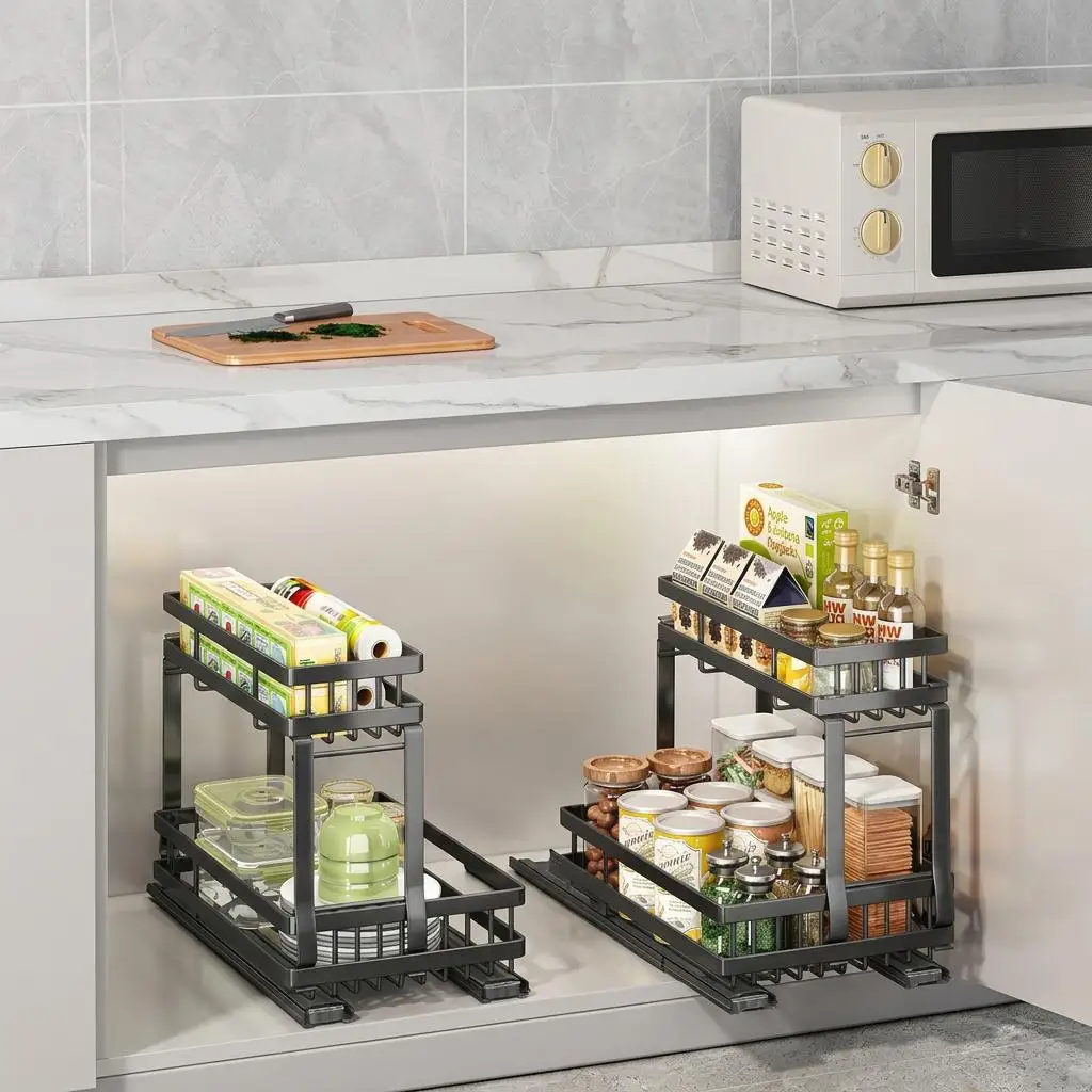 2 pz. Scaffale portaoggetti in metallo, organizer per armadietto senza foratura, cassetto estraibile, cestino porta spezie per bottiglie di condimenti, per la cucina