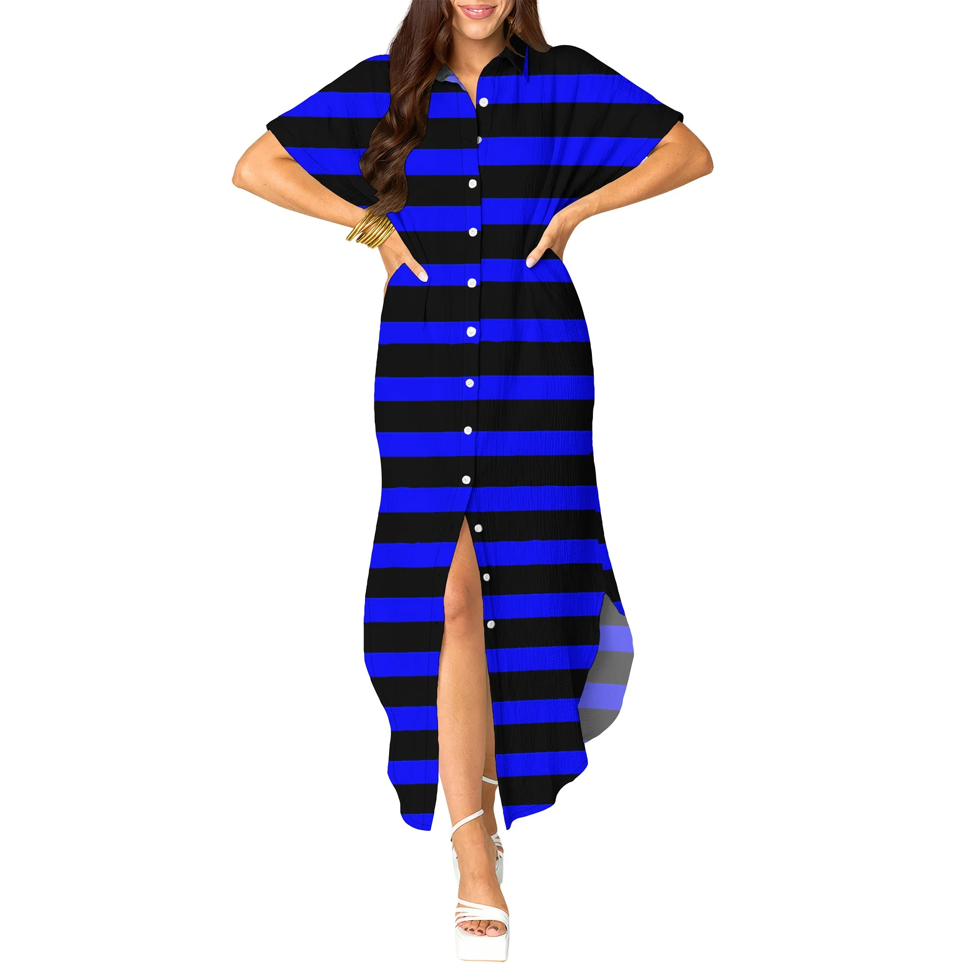 Nupusa Striped Print Dress for Women Regular Size Summer Casual Shirt Neck Short Sleeve High - Low Dress