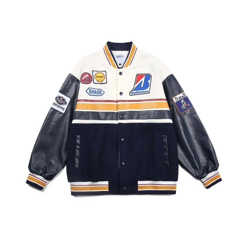 

New Men's Baseball Jacket Embroidery PU Patchwork Streetwear Retro Loose Leather Coat Male