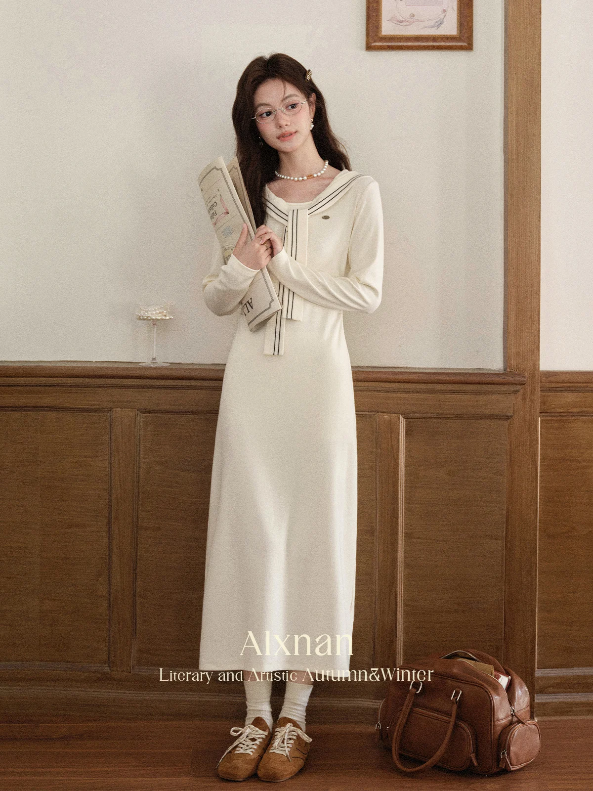 

ALXNAN White Dress Women Long Elegant Casual Navy Collar Cotton Dresses 2025 Autumn Slim-fit Long Sleeve Clothes Female L569120