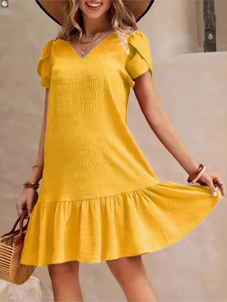 

Casual Simple Solid Color Women's Dress Summer Fashion V-neck Loose Mini Short Sleeves Dresses Ladies Beach Vacation Vestidos