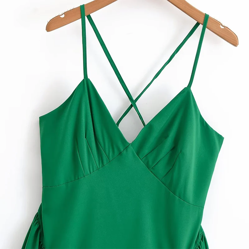 YENKYE Sexy Backless Back Cross Sling Green Dress Women Low Waist V Neck A-line Midi Summer Dress Chic Lady Vacation Vestidos