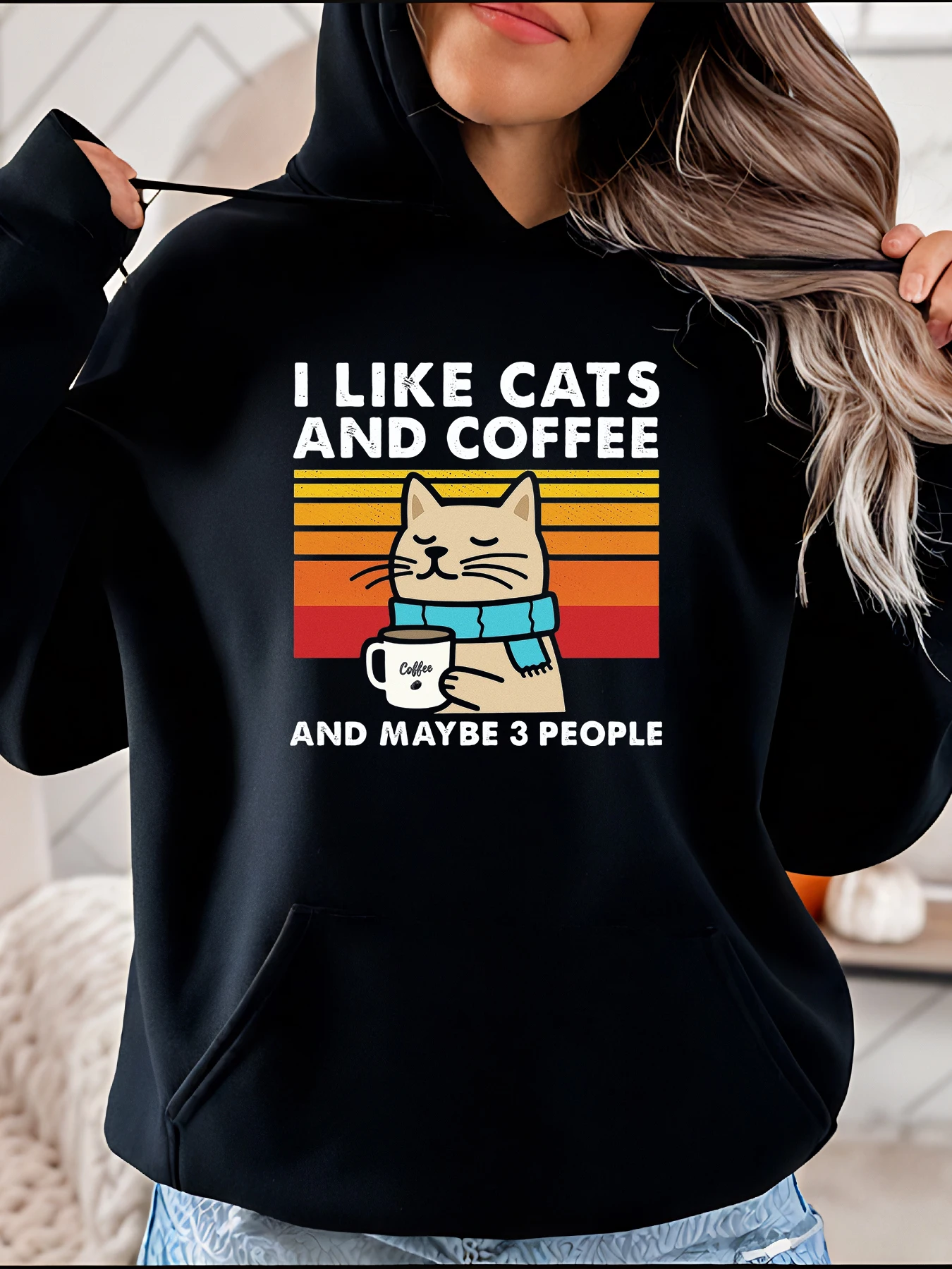 

【Halloween】Cats and Coffee Print Hoodie Loose Fit Casual Vintage Cat Holding Mug Design, Women, Everyday Wear