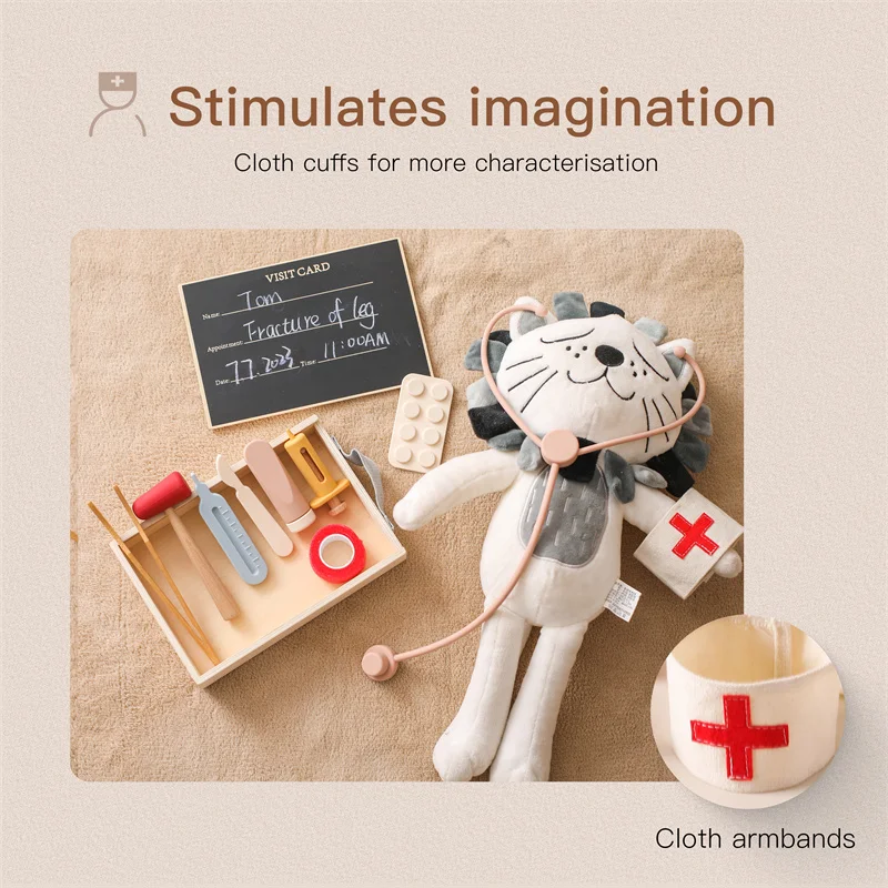 Baby Simulation Doctor Toy Wooden 3D Medical Box Montessori Stethoscope Thermometer Play House Toy Educational Toy Children Gift