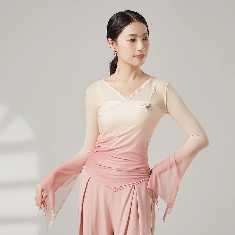 Trasparente Sexy Dancewear Donna Danza moderna Hanfu Camicia di garza Tulle irregolare Manica lunga Pratica Top Folk cinese Estate XL